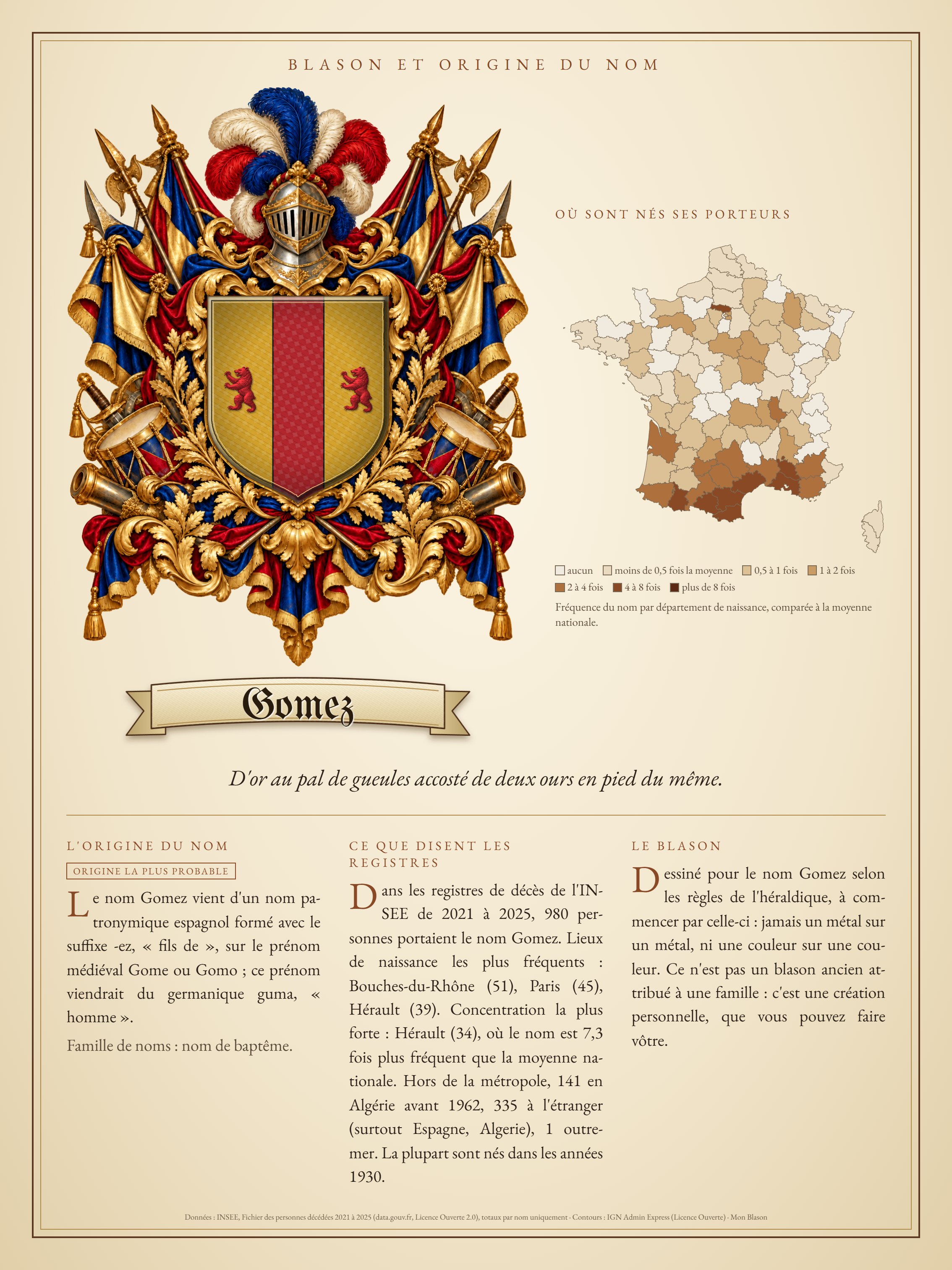 Exemple d'affiche pour le nom Gomez : blason, carte de France et origine du nom