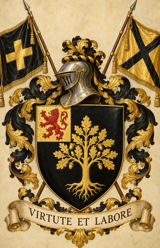 Décor d'apparat : avec deux drapeaux derrière l'écu