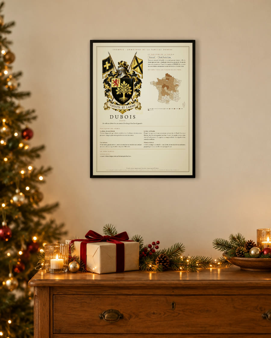 Mise en situation : l'affiche encadrée posée près d'un cadeau de Noël