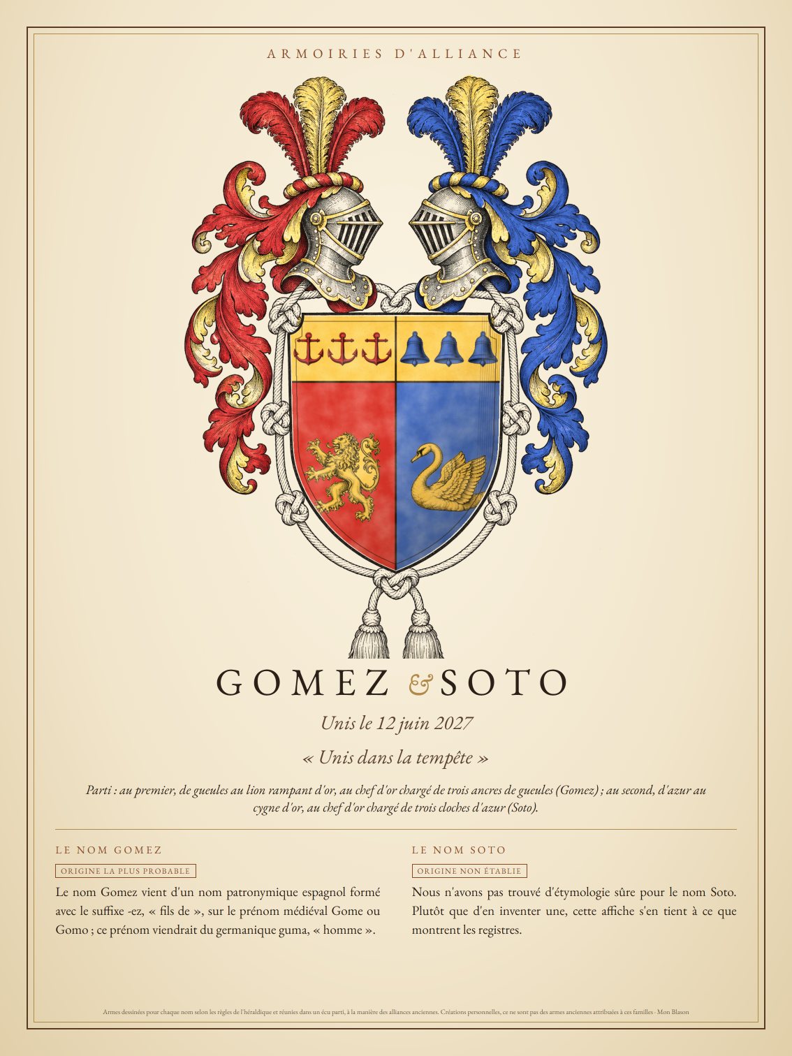 Affiche Blason d'alliance Gomez et Soto : écu parti sous deux heaumes affrontés, liés par une cordelière